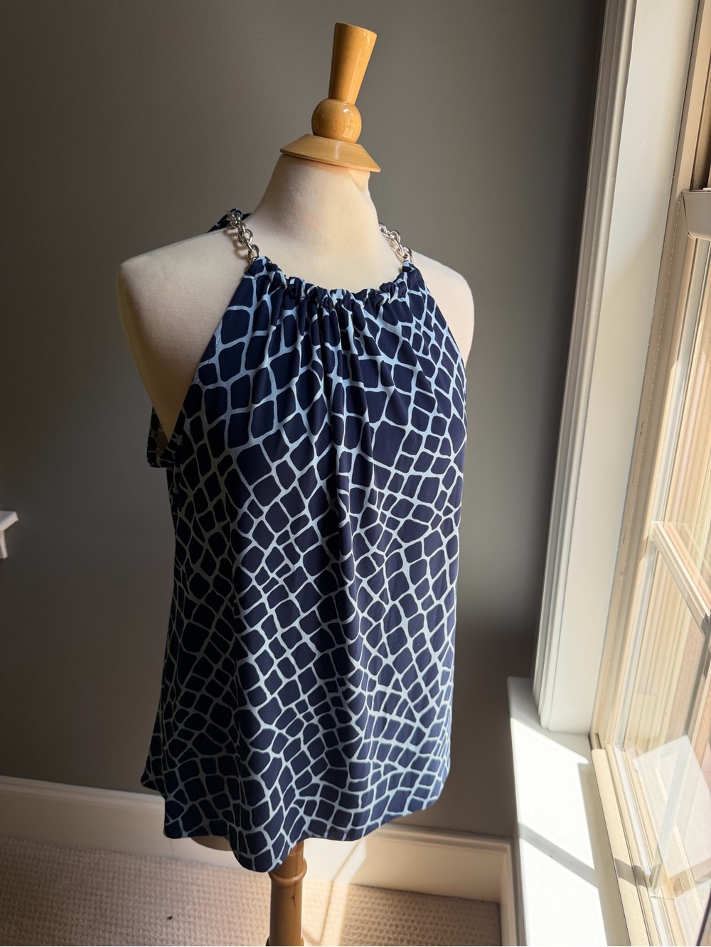 NWT Michael Kors Navy/ Light Blue Geo-Print Halter w/ Silver Chain Straps- Large